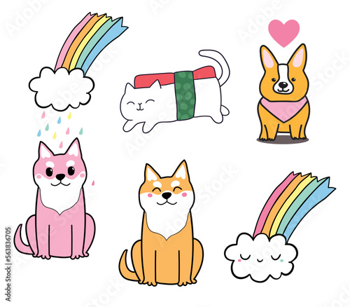 Cute shiba inu and corgi dogs. Japanese food cat sushi roll. Funny rainbow cloud.