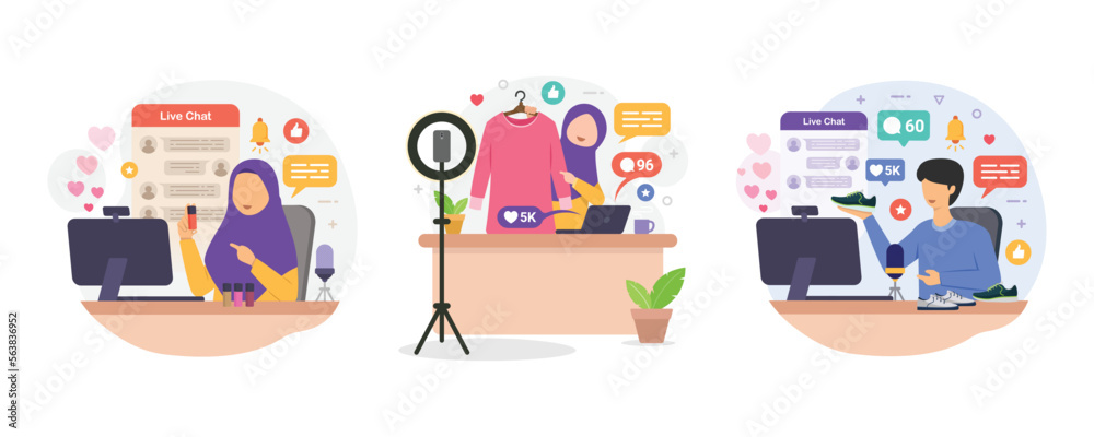 Selling product on live stream. Woman review or selling her product through live streaming design concept vector illustration.