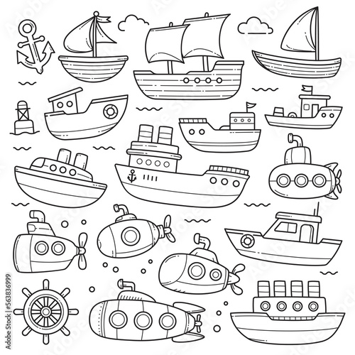 Ship and submarine doodle sketch hand drawn collection vector outline