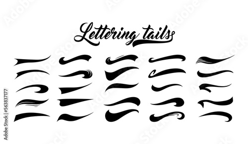 Calligraphic swoosh tail set, underline marker strockes. Sport logo typography elements. Texting letters tail for lettering or baseball club. Vector illustration