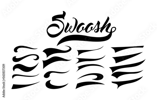 Calligraphic swoosh tail set, underline marker strockes. Sport logo typography elements. Texting letters tail for lettering or baseball club. Vector illustration