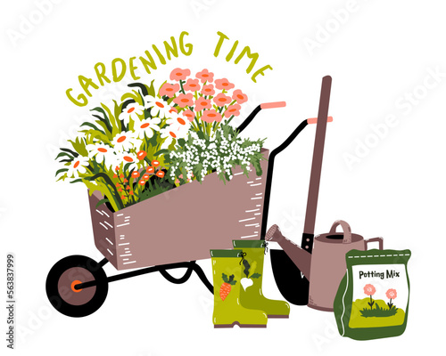 Gardening time. Garden tools, wheelbarrow, watering can, plants, vegetables,  flowers, rubber boots. Spring concept. Vector illustration