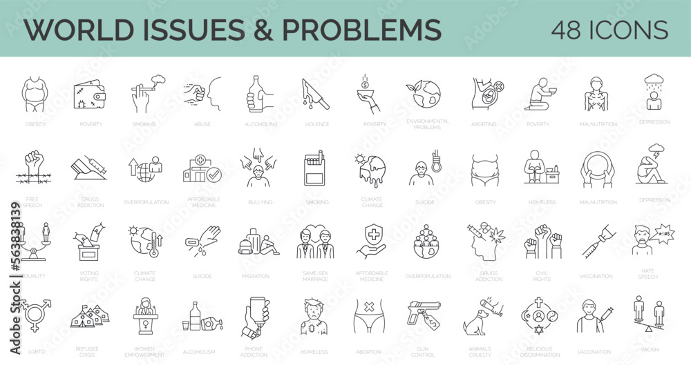Set of 48 icons related to social issues, problems, rights. Line icon collection. Editable stroke. Vector illustration - obrazy, fototapety, plakaty 