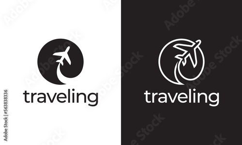 tour and travel logo design. airplane with circle icon vector illustration.