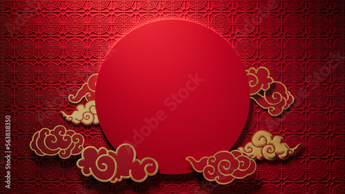 Lunar New Year Design Background, with Circle Frame and Clouds on 3D Pattern. Red Eastern Template with copy-space.