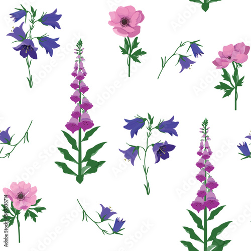 Vector pattern with amemone, campanula, digitalis on a white background.