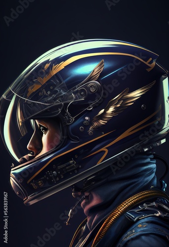 Woman in motorcycle helmet. Photorealistic illustration, luxury style, dark navy tones with golden colors in accents. Generative art © Cheport