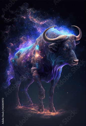Beautiful taurus zodiac symbol, surrounded by fractal glowing nebula. Generative art 