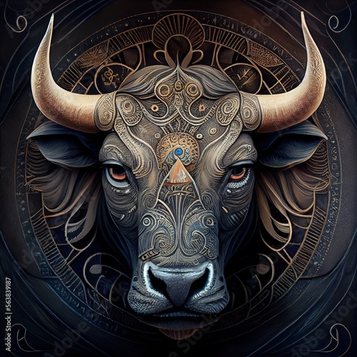 Beautiful ornate taurus zodiac symbol. Generative art 