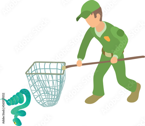 Blue snake icon isometric vector. Man in uniform with landing net near snake. Reptile capture, herpetology