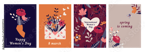 Happy Women's Day greeting card set. March 8 holiday postcards with spring cartoon flowers, gifts. Festive blooming templates for poster, invitation, flyer. Vector design