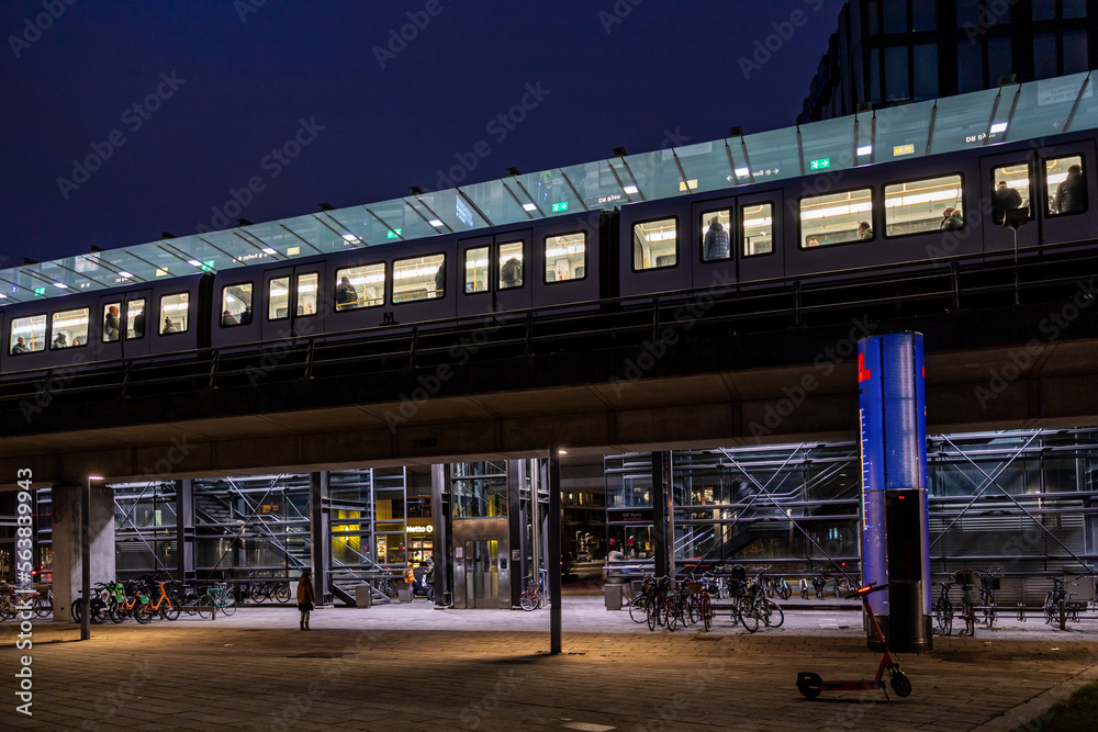 Naklejka premium Copenhagen, Denmark The elevated M1 Metro line in the DR-Byen district
