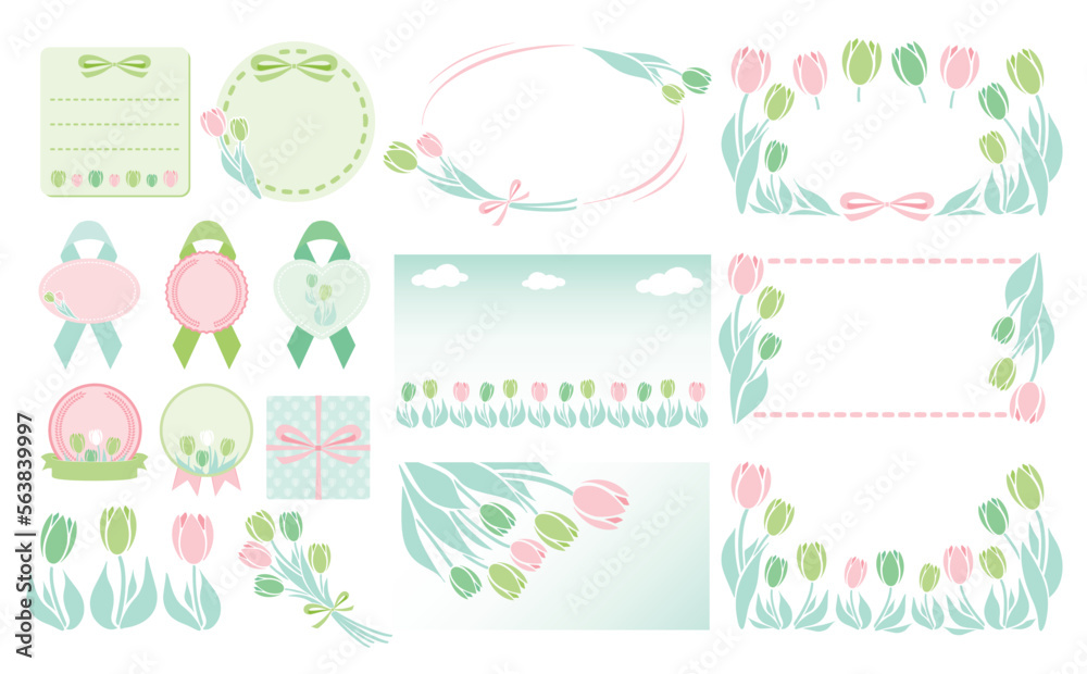 シンプル可愛い春のお花のチューリップフレームとイラストのセットベクター素材_ピンク緑系_文字なし