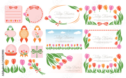 シンプル可愛い春のお花のチューリップフレームとイラストのセットベクター素材_赤色黄色ピンク_横長