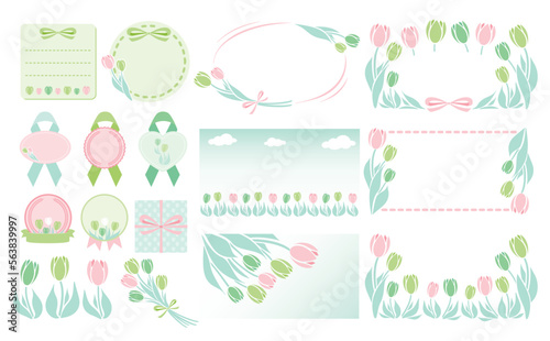 シンプル可愛い春のお花のチューリップフレームとイラストのセットベクター素材_ピンク緑系_文字なし