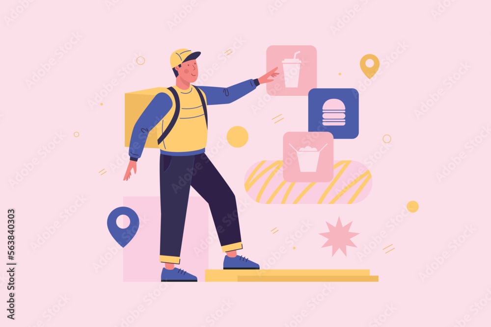 Delivering food. Courier with a yellow backpack and fast food icons on pink background. Home delivery theme. Delivering food. Courier with a yellow backpack and fast food icons on pink background. Home delivery theme.
