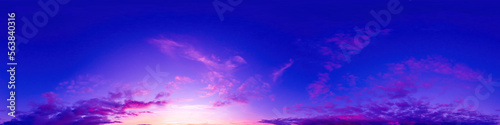 Dark blue magenta twilight sky panorama with Cumulus clouds. Seamless hdr 360 panorama in spherical equiangular format. Full zenith or sky dome for 3D visualization, sky replacement for aerial drone © svetograph