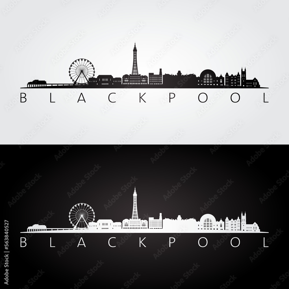 Blackpool skyline and landmarks silhouette, black and white design, vector illustration. - obrazy, fototapety, plakaty 