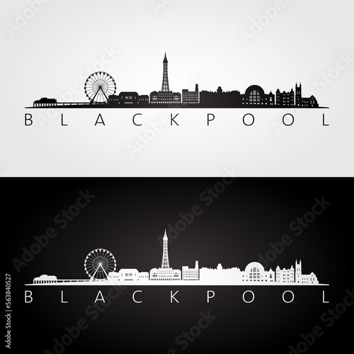 Blackpool skyline and landmarks silhouette, black and white design, vector illustration. photo