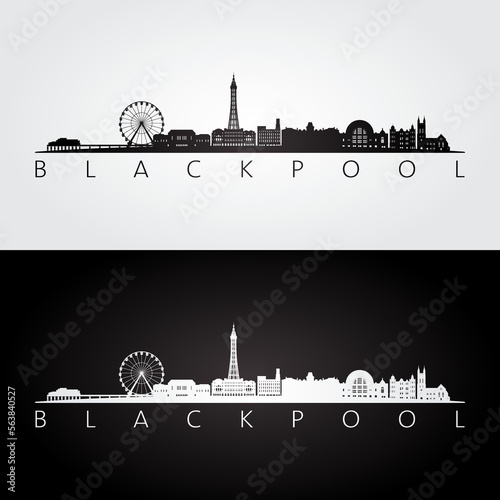 Blackpool skyline and landmarks silhouette, black and white design, vector illustration.