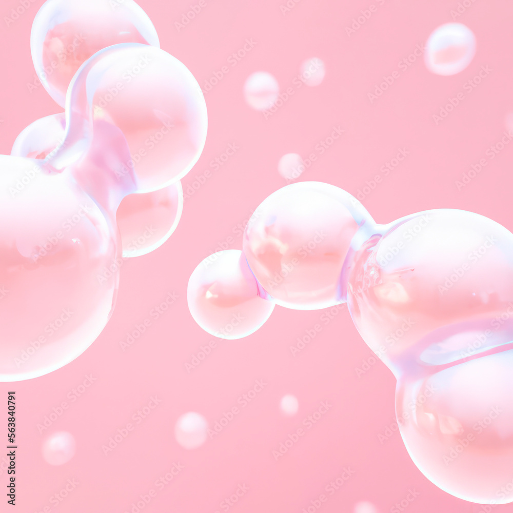 Pink and white bubbles. Collagen serum skincare solution. 3D illustration. Generative AI. 