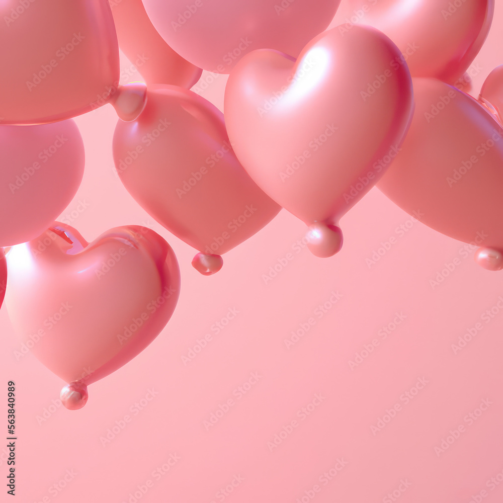 heart shaped balloons in 3D illustration. Generative AI. 