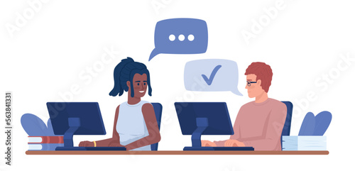 Young employees working in open-plan office semi flat color vector characters. Editable figures. Full body people on white. Simple cartoon style illustration for web graphic design and animation
