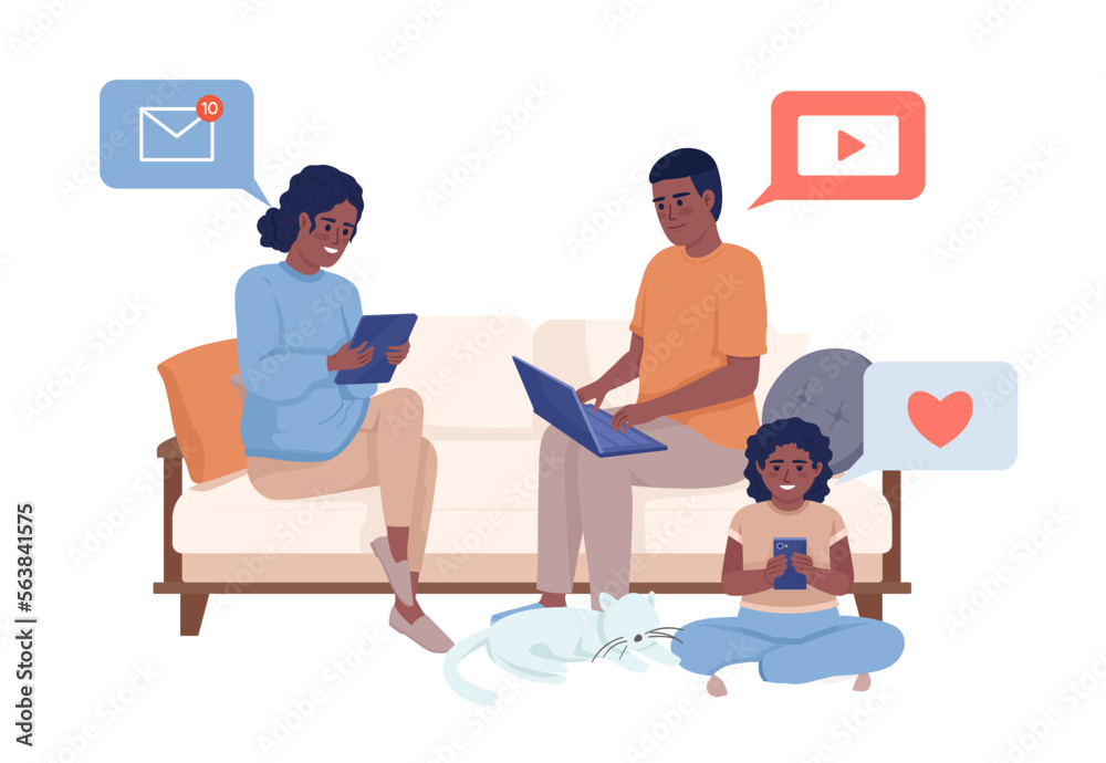 Family sitting together on sofa with gadgets semi flat color vector characters. Editable figures. Full body people on white. Simple cartoon style illustration for web graphic design and animation Family sitting together on sofa with gadgets semi flat color vector characters. Editable figures. Full body people on white. Simple cartoon style illustration for web graphic design and animation