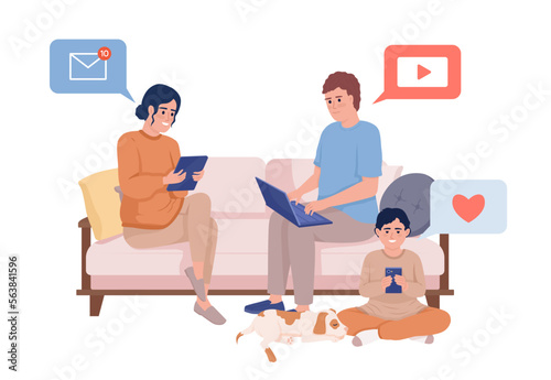 Family members sitting on couch with devices semi flat color vector characters. Editable figures. Full body people on white. Simple cartoon style illustration for web graphic design and animation