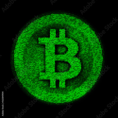 Bitcoin symbol made of binary code. Green ones and zeros.