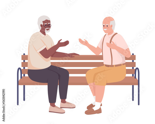 Elderly friends having conversation on bench semi flat color vector characters. Editable figures. Full body people on white. Simple cartoon style illustration for web graphic design and animation