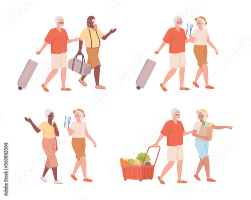 Senior travelers semi flat color vector characters set. Going on trip, shopping. Editable figures. Full body people on white. Simple cartoon illustration pack for web graphic design and animation