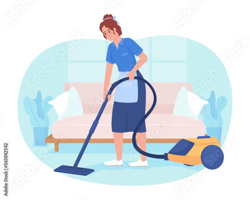 Apartment cleaning service 2D vector isolated illustration. Female housekeeper with vacuum cleaner flat character on cartoon background. Colorful editable scene for mobile, website, presentation