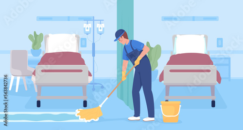 Mopping hospital floor surfaces flat color vector illustration. Male janitor in uniform cleaning floor with mop. Fully editable 2D simple cartoon character with light blue interior on background