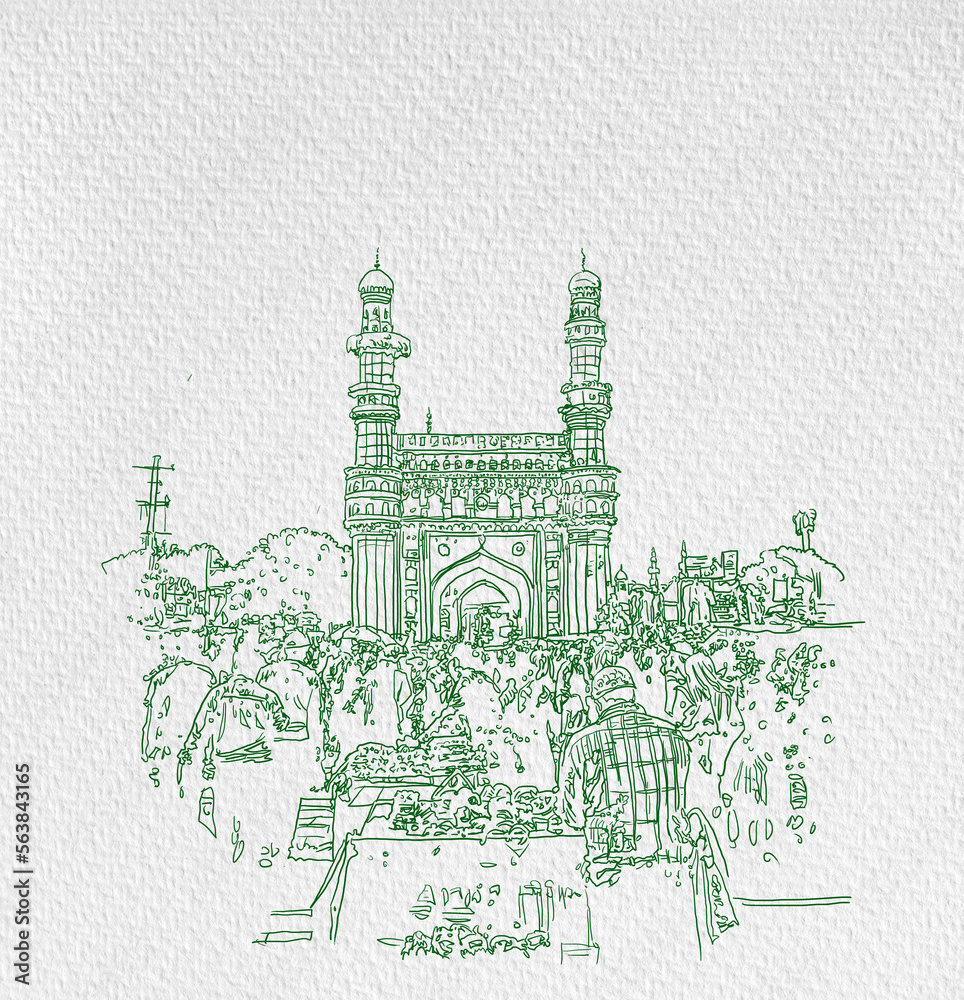 Charminar Hyderabad India, illustration or sketch, hand drawn illustration, Asian illustration.
