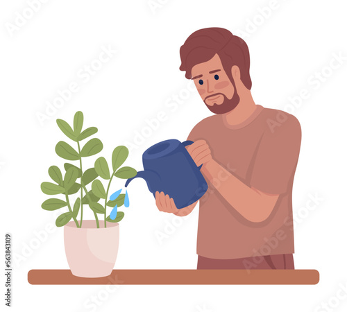 Man watering houseplants semi flat color vector character. Gardening chore. Editable figure. Half body person on white. Simple cartoon style illustration for web graphic design and animation