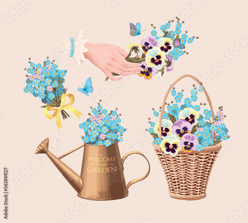 Vintage gardening set with forget me not flowers