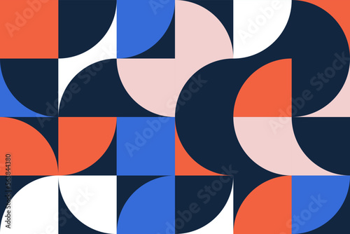 Colorful geometric seamless pattrens in the Bauhaus style. Abstract decorative tileable background with squares, semicircles, hilf-circles geometry shapes