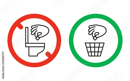 Rule take out rubbish in basket but not in toilet pan, prohibition warning sign. Do not throw garbage in toilet. Can throw rubbish into trash can. Problem of planet pollution, clean. Vector