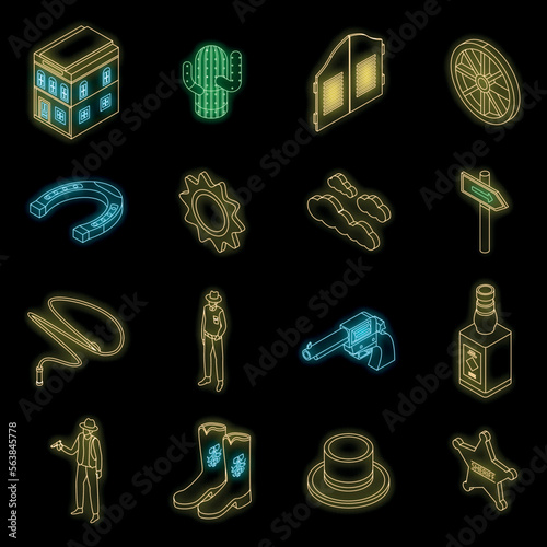 Cowboy icons set. Isometric set of cowboy vector icons neon color on black