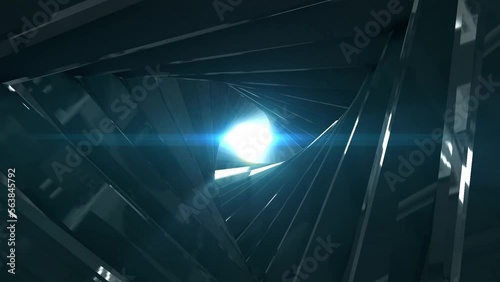 Futuristic triangular twisted corridor, Sci-fi geometric spinning background, steel rotating tunnel