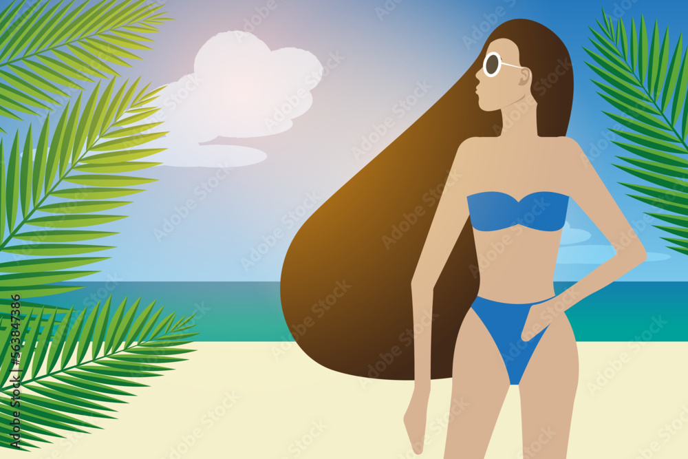 A slender tanned girl in a blue swimsuit with long hair against the background of the seashore in the rays of the sun, palm leaves on the sides. Summer bright background. Flat vector illustration