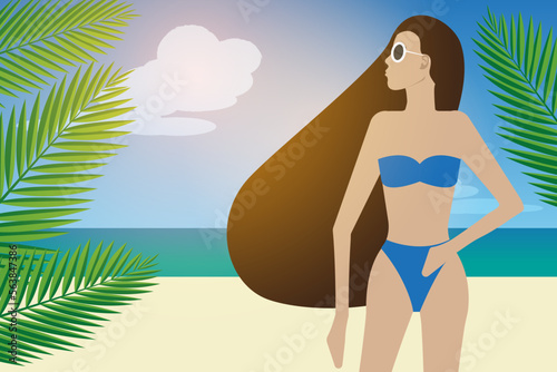 A slender tanned girl in a blue swimsuit with long hair against the background of the seashore in the rays of the sun, palm leaves on the sides. Summer bright background. Flat vector illustration