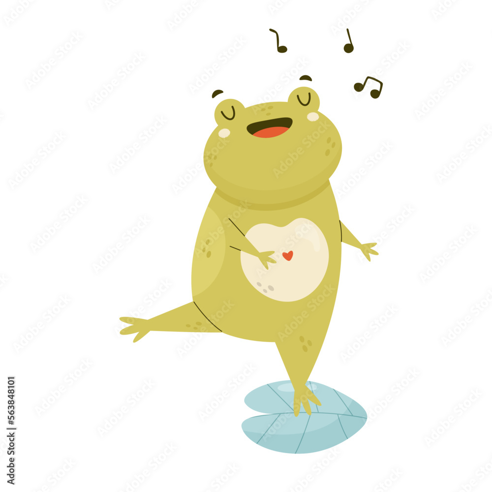 Obraz premium Cute happy frog singing on a water leaf