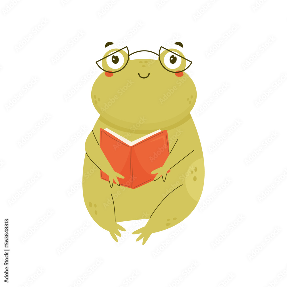 Fototapeta premium Vector illustration of a cute smart frog in glasses reading a book
