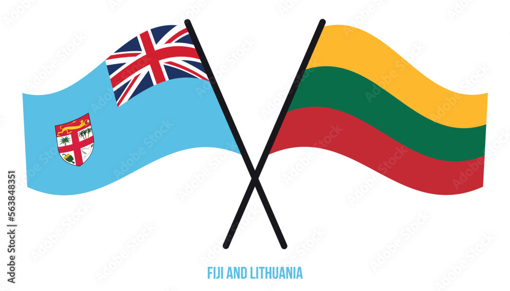 Fiji and Lithuania Flags Crossed And Waving Flat Style. Official Proportion. Correct Colors.