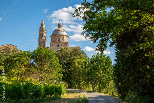 Italy, Tuscany, Montepulciano, Green trees surrounding footpath leading to San Biagio church photo