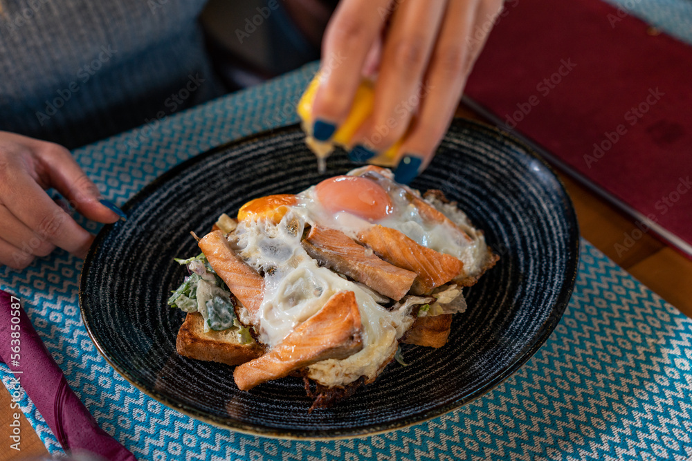 colorful, delicious meal, salmon salad, with a beautiful vivid decoration