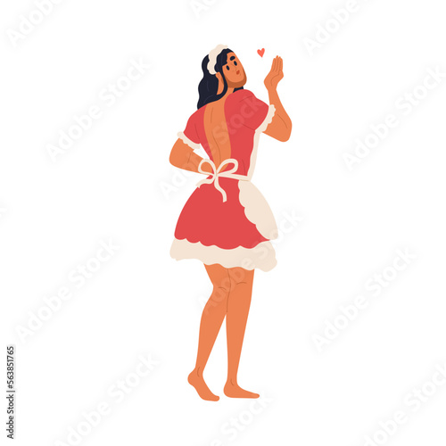 Man disguised in erotic housemaid uniform. Sexy funny bearded character wearing female maid costume, apron, apparel for role play, sex game. Flat vector illustration isolated on white background