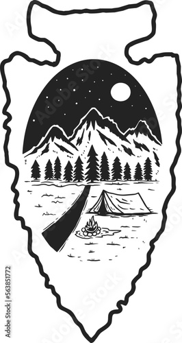Camping emblem in arrowhead shape. Design element for poster, card, banner, emblem, sign. Vector illustration